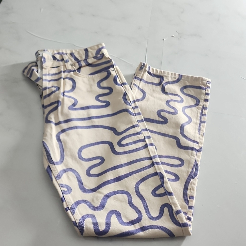 Sara Blue and Cream Patterned Trousers - Picture 2 of 9